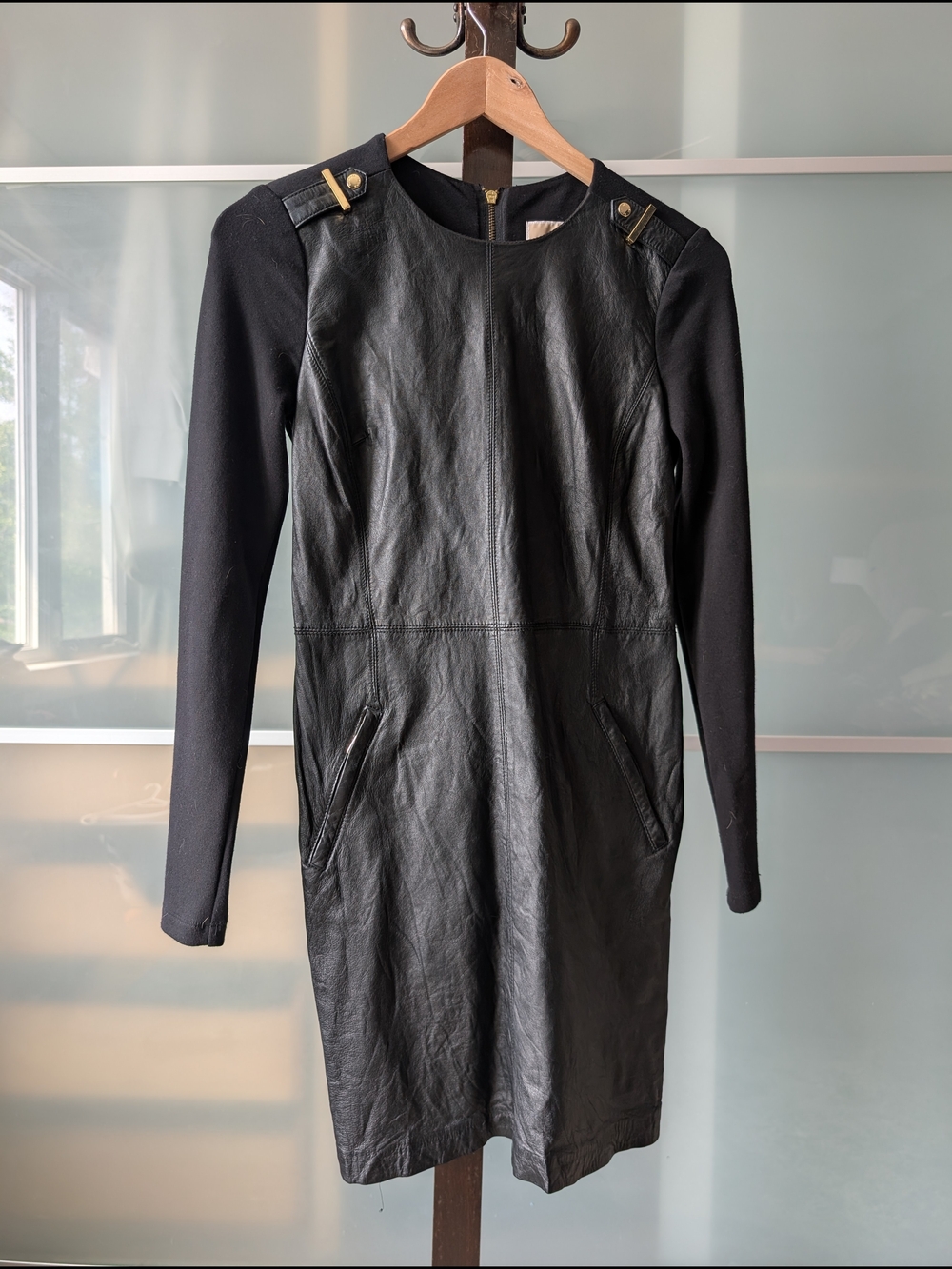 MICHAEL Michael Kors Black Leather Dress with Knit Sleeves And Gold Hardware - 0